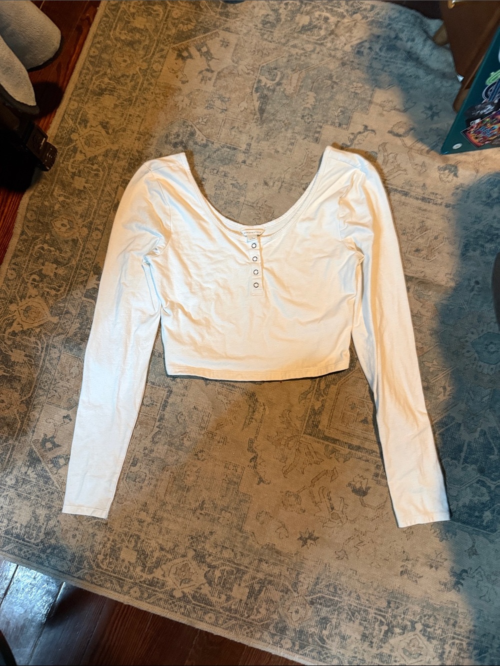 Aeropostale White Long-Sleeve Scoop Neck Crop Top with Button Detail